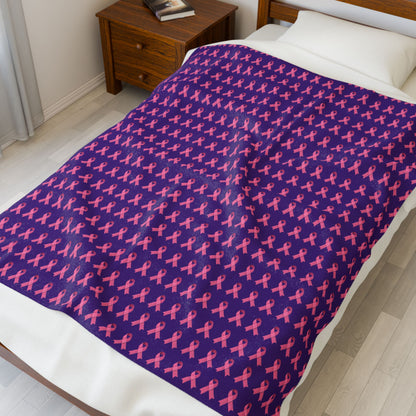 Soft Pink Ribbon Velveteen Blanket | Cozy Plush Throw for Breast Cancer Awareness, Comfort, Gift for Her, Home Decor, Cozy Snuggle, Purple