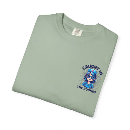 Unisex Graphic Tee - 'Caught in the Rounds', Casual Wear, Gift for Friends, Comfortable Everyday Tee, Fun Summer Shirt, Halloween Nurse