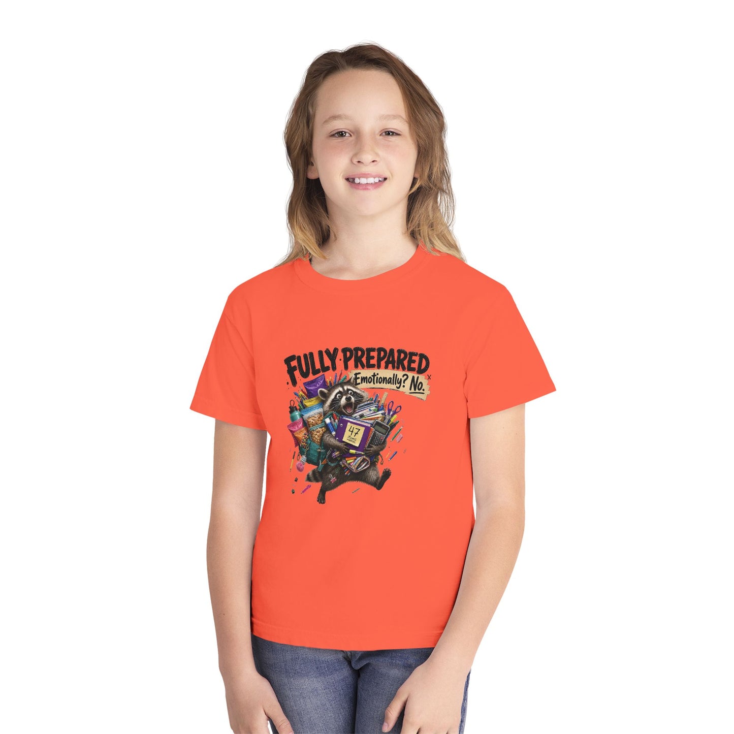 Fully Prepared Raccoon Supplies T-Shirt | Funny Back-to-School Kids Tee