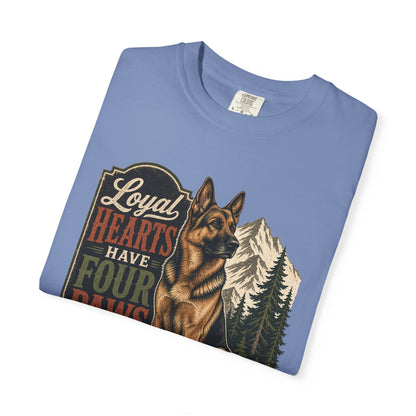 Loyal Hearts Have Four Paws German Shepherd T-shirt | Mountain Forest Dog Design