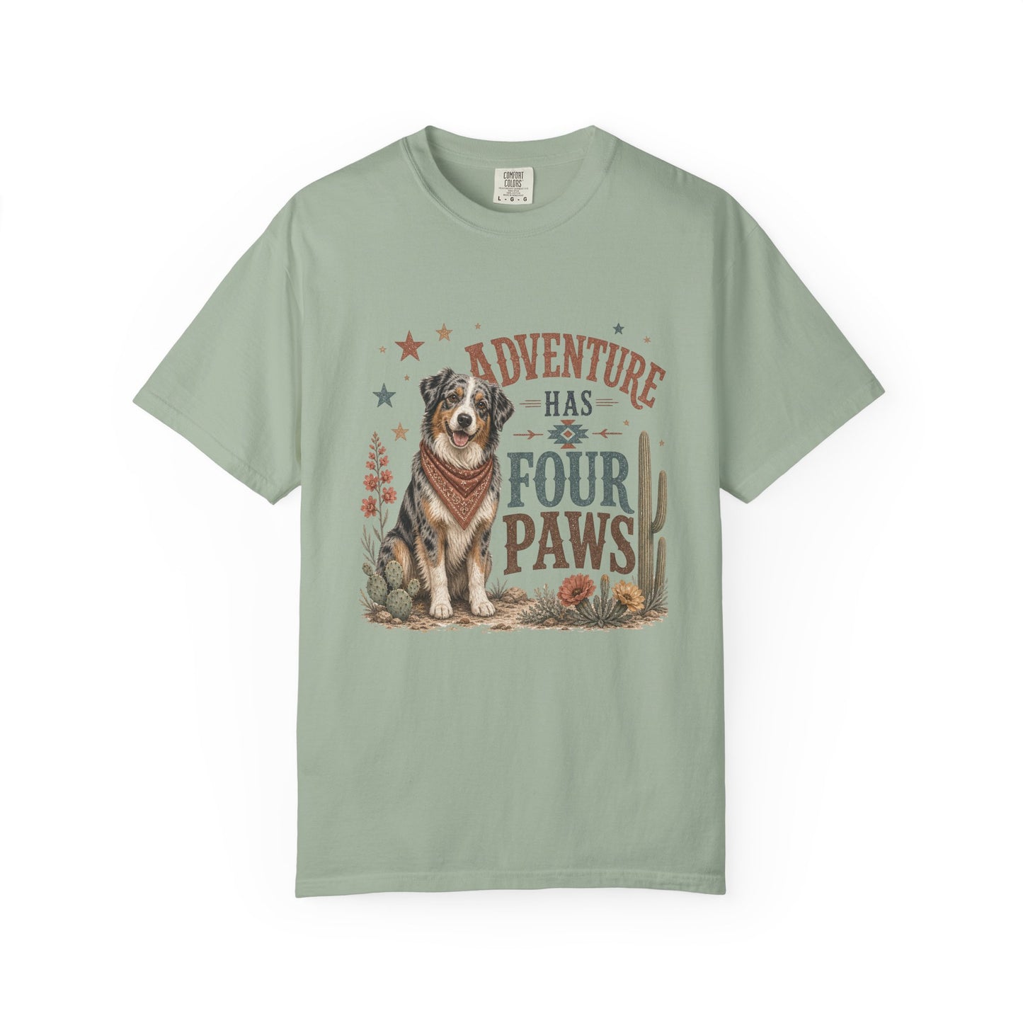 Adventure Has Four Paws T-Shirt | Australian Shepherd Design
