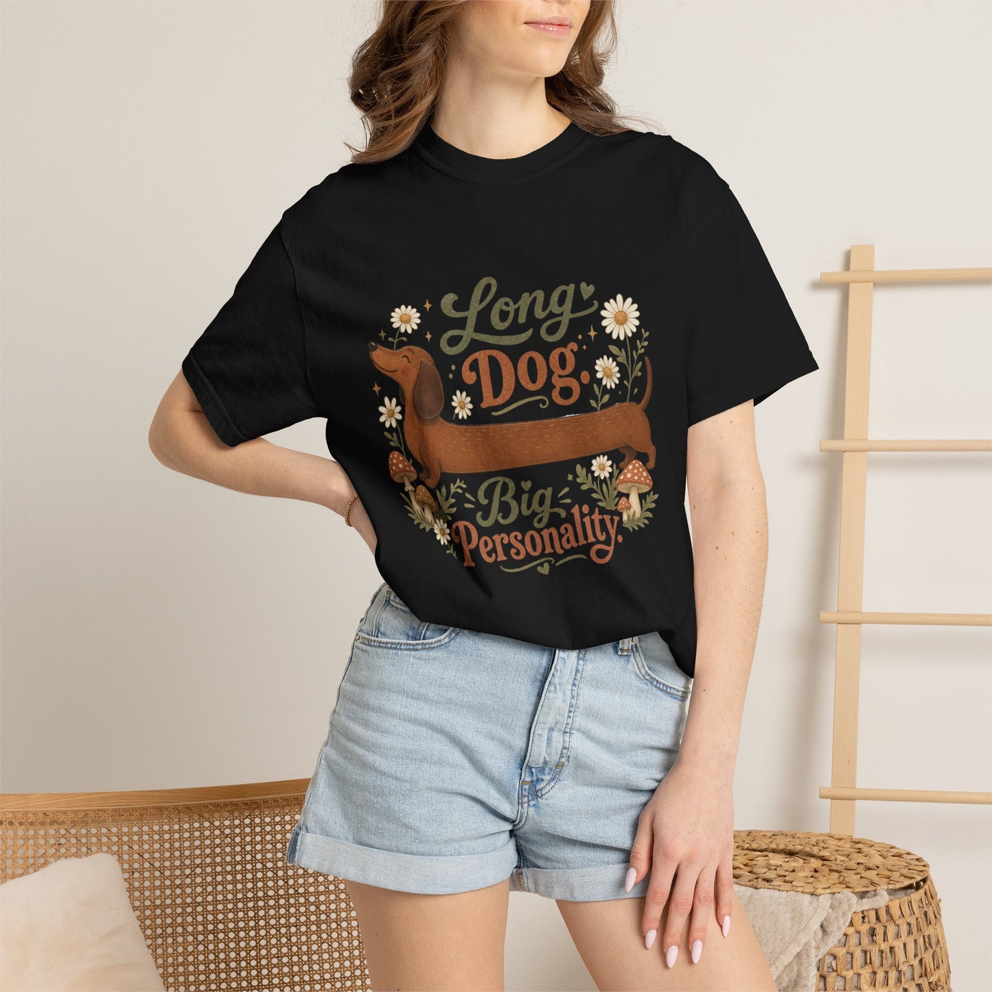 Long Dog Big Personality Dachshund T-shirt | Cute Sausage Dog Floral Design