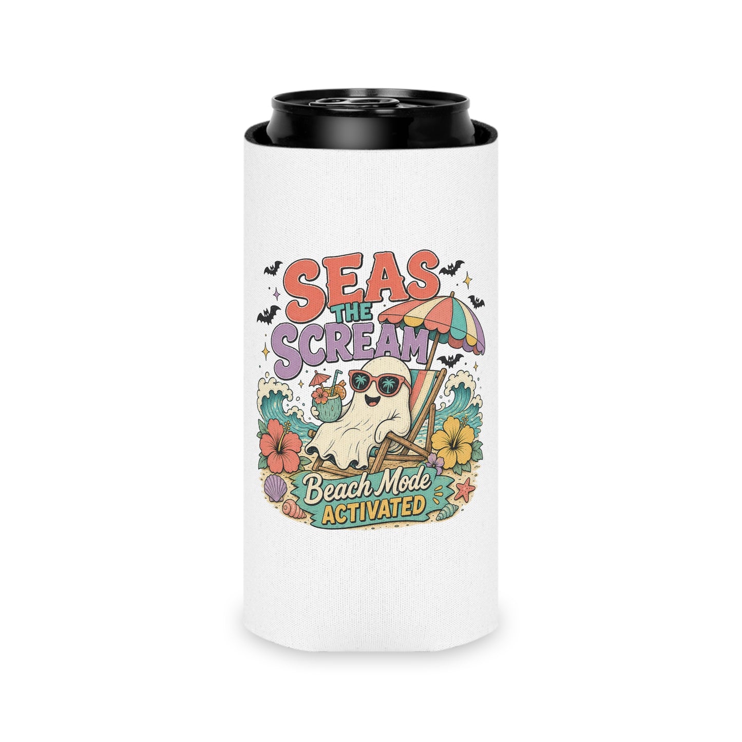 Seas the Scream ghost beach scene Can Cooler | Beach Mode Activated, Tropical Flowers