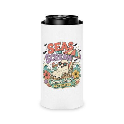 Seas the Scream ghost beach scene Can Cooler | Beach Mode Activated, Tropical Flowers