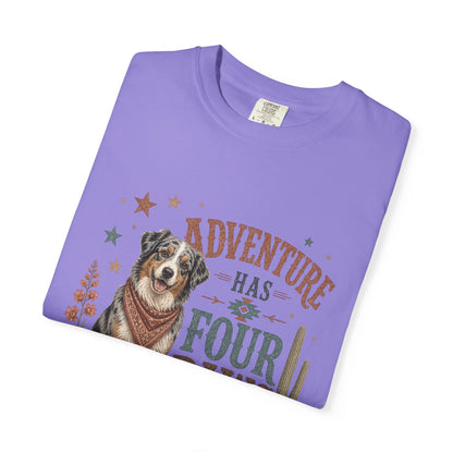 Adventure Has Four Paws T-Shirt | Australian Shepherd Design