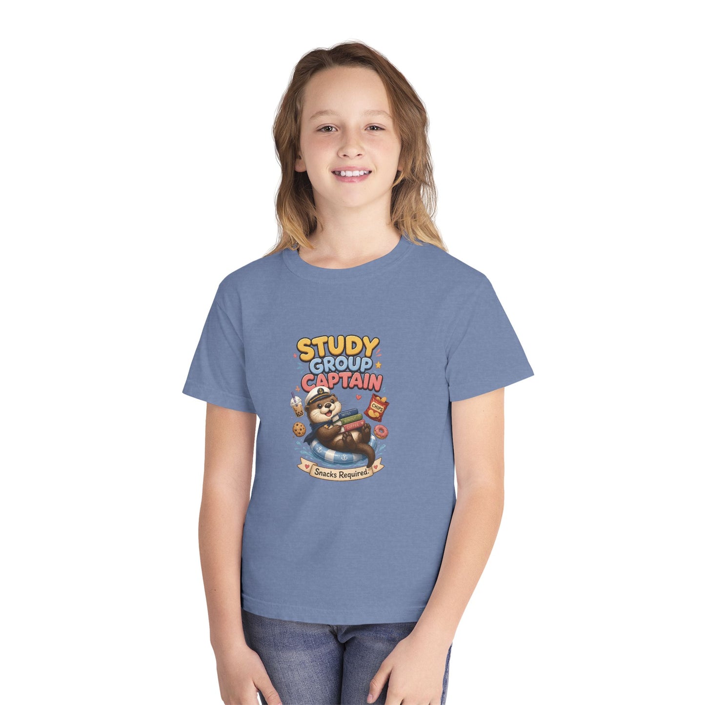Study Group Captain Youth Tee | Sloth Studying Snacks Graphic