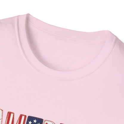 American Flag Patchwork Style Letters T-Shirt | Patriotic Fourth of July Tee