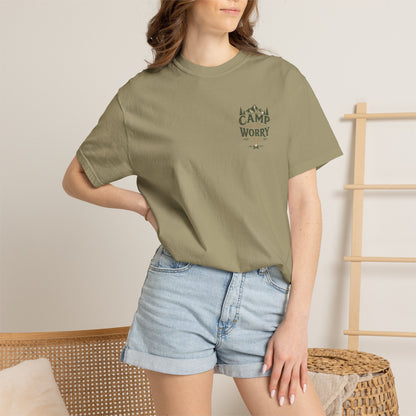 Camp More Worry Less T-shirt | Camping Mountains Pine Trees Design