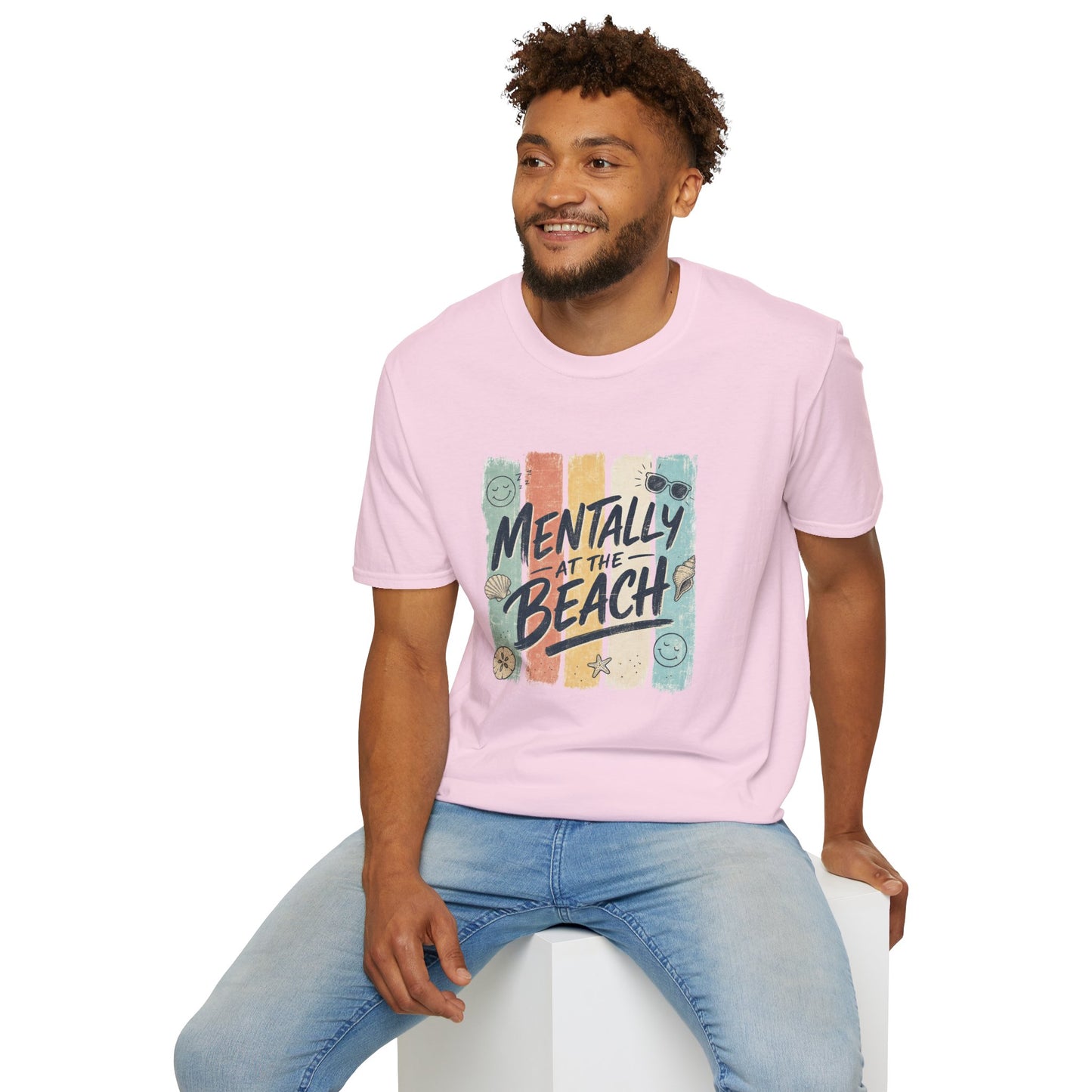 Mentally at the Beach T-Shirt | Retro Stripes, Sunglasses & Seashells