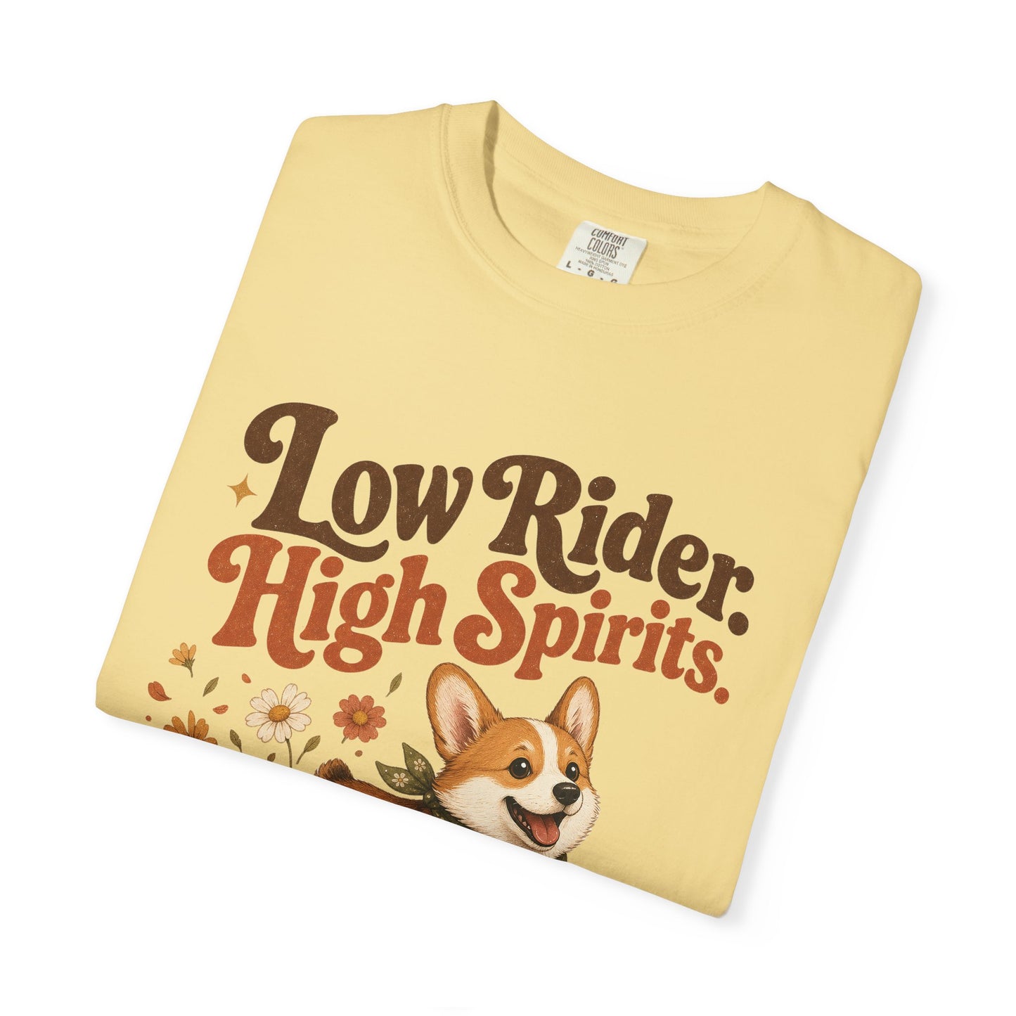 Low Rider High Spirits Corgi T-Shirt | Running Corgi Illustration, Autumn Leaves