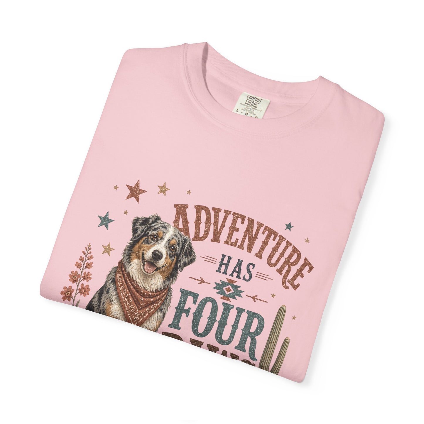 Adventure Has Four Paws T-Shirt | Australian Shepherd Design