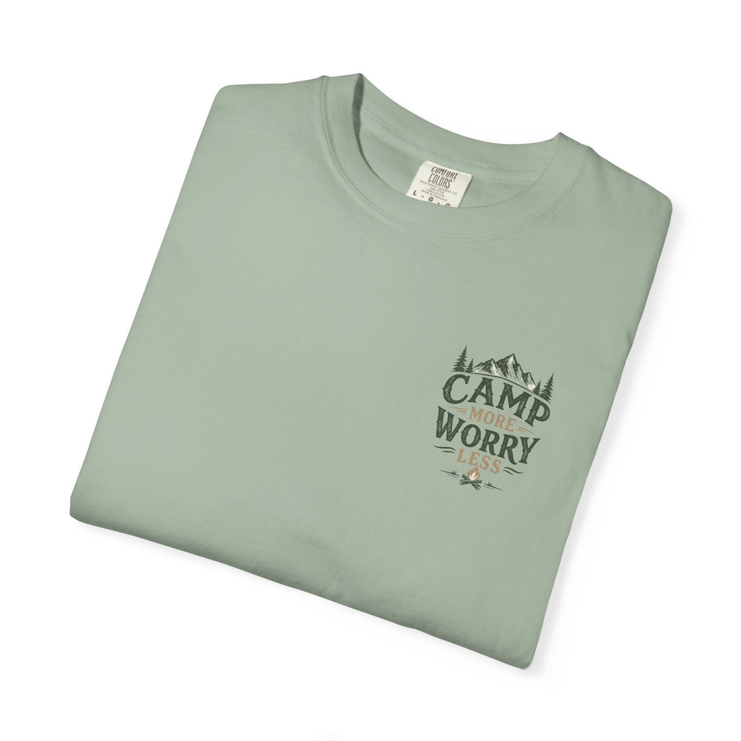 Camp More Worry Less T-shirt | Camping Mountains Pine Trees Design