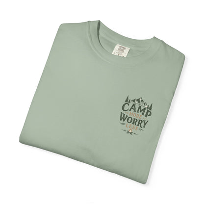 Camp More Worry Less T-shirt | Camping Mountains Pine Trees Design