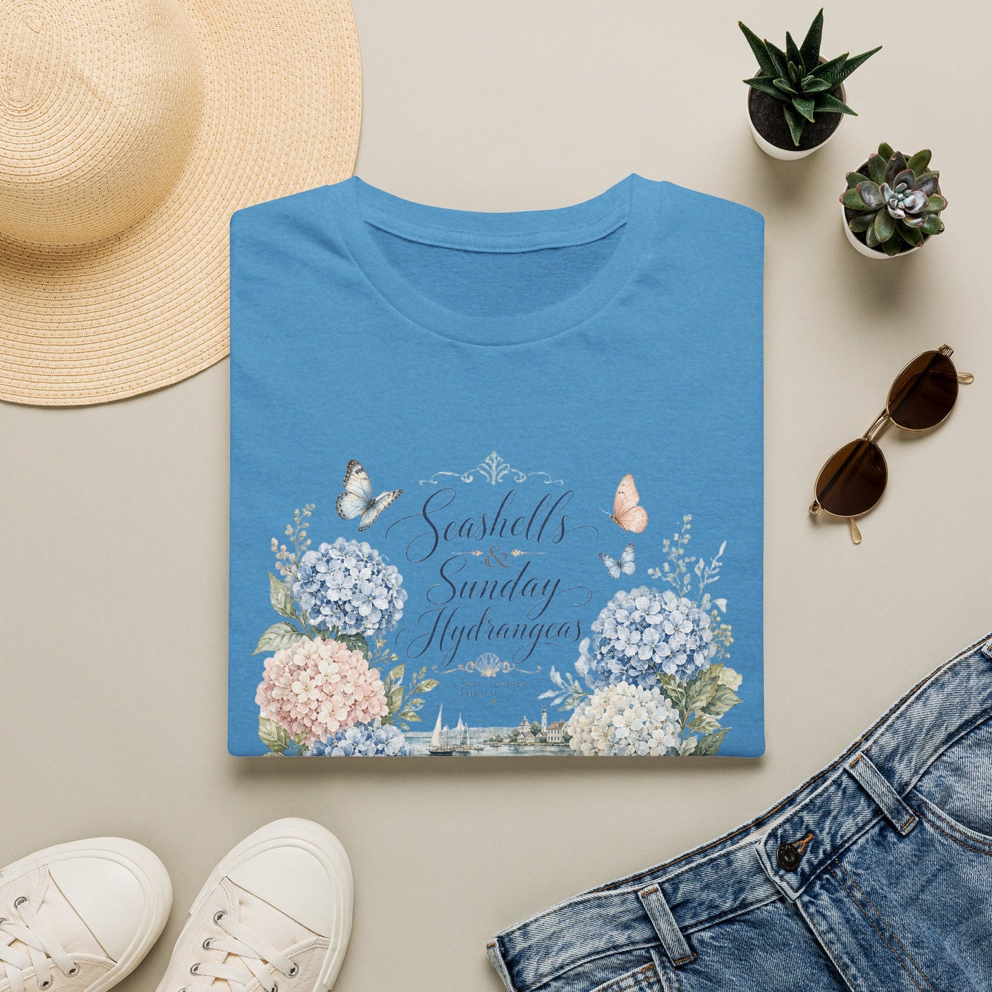 Seashells & Sunday Hydrangeas T-Shirt | Floral Coastal Cottage Shirt