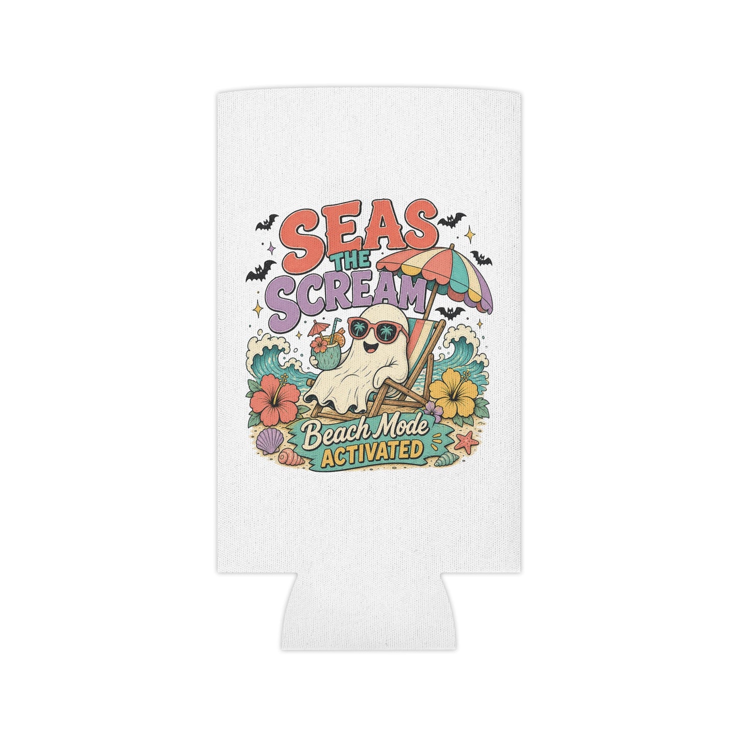 Seas the Scream ghost beach scene Can Cooler | Beach Mode Activated, Tropical Flowers