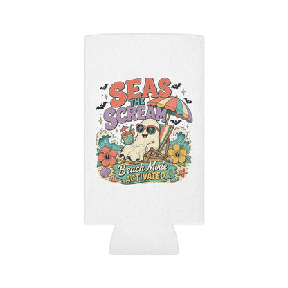 Seas the Scream ghost beach scene Can Cooler | Beach Mode Activated, Tropical Flowers
