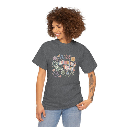 Overstimulated But Trying tee | Funny Mental Health Shirt, Cute Retro Doodles