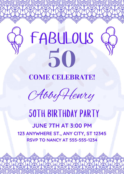 Elegant Purple 50th Birthday Invitation Template: Cupcake Design (Digital Download, 5x7 inch, Canva Editable)