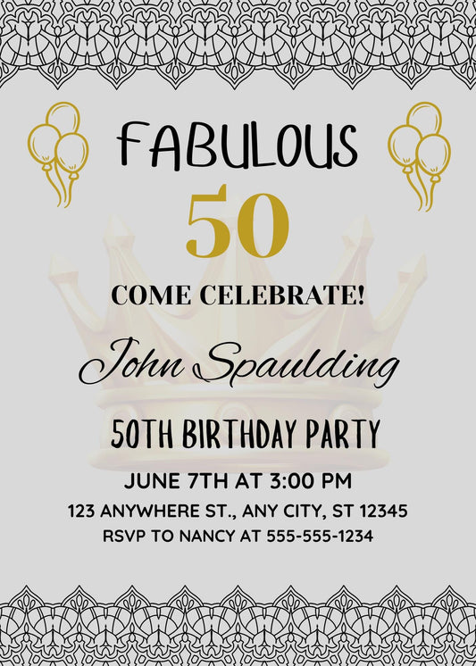 50th Birthday Invitation Template: Black and Gold Elegant Design (Digital Download)