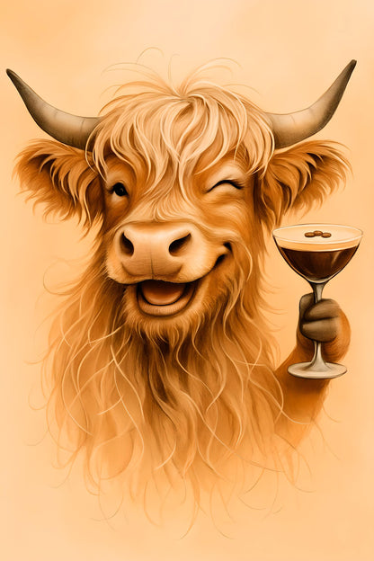 Highland Cow Espresso Martini Cocktail Art Print (Digital Download)