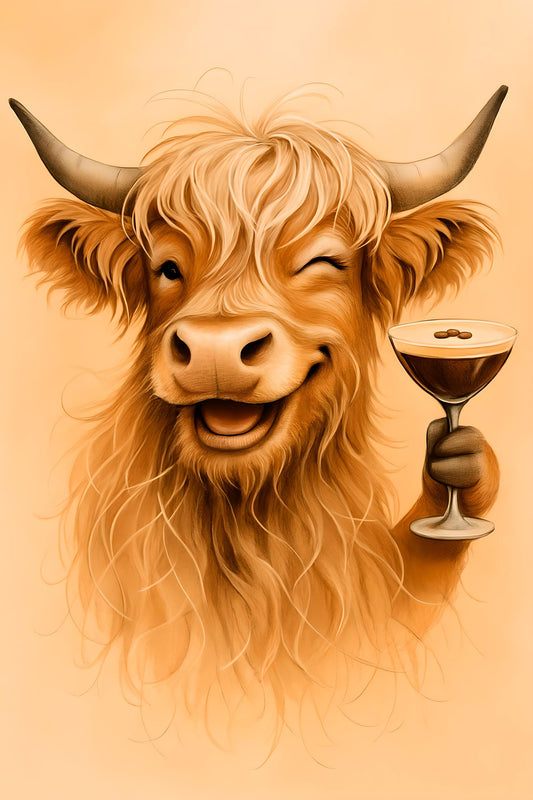 Highland Cow Espresso Martini Cocktail Art Print (Digital Download)