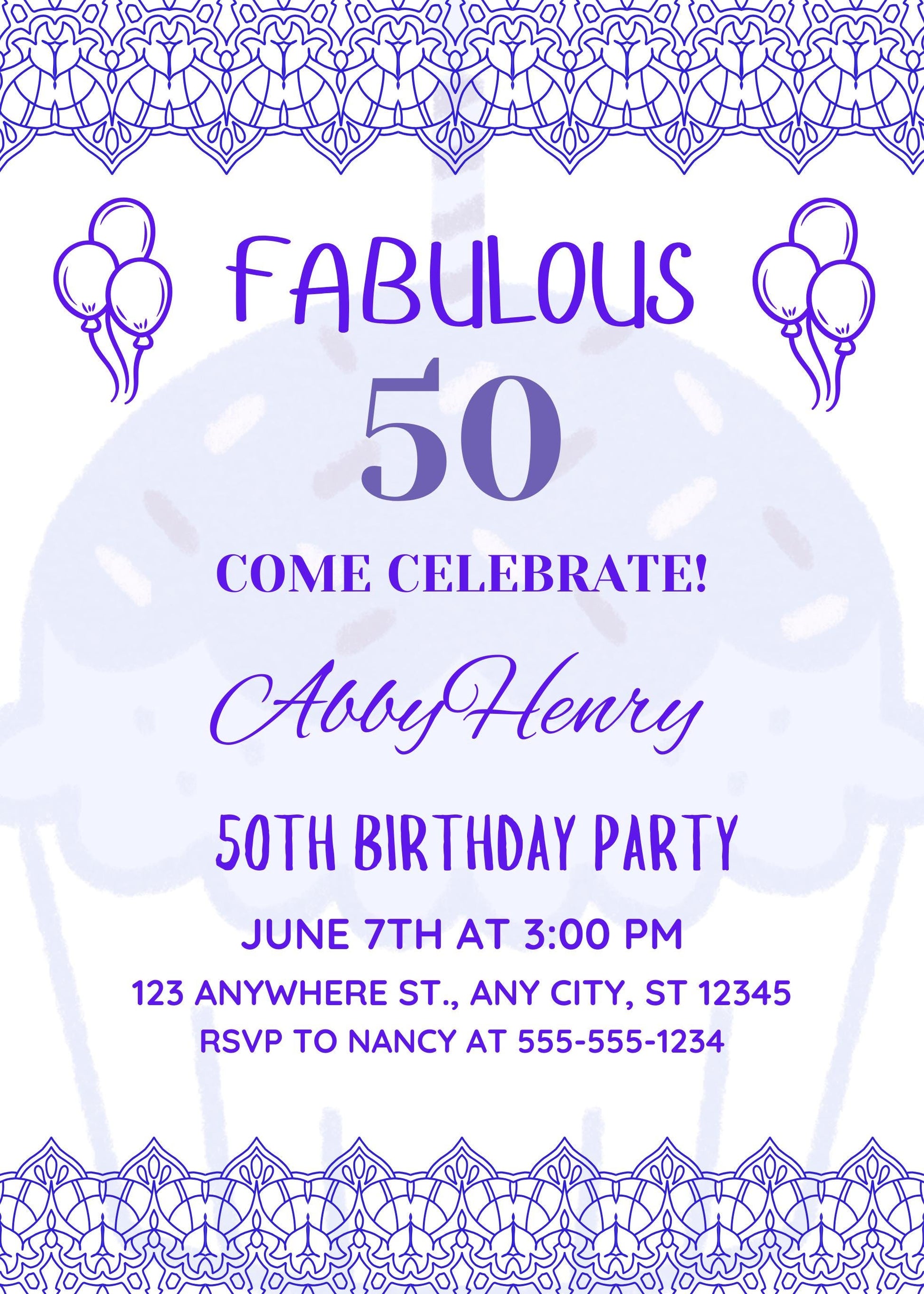 Elegant Purple 50th Birthday Invitation Template: Cupcake Design (Digital Download, 5x7 inch, Canva Editable)