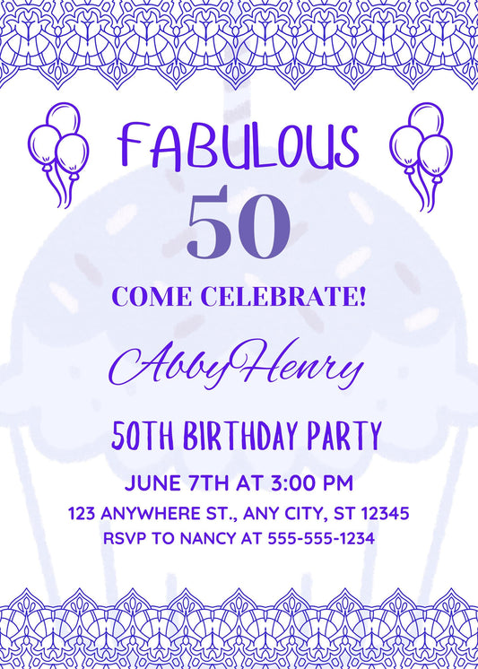 Elegant Purple 50th Birthday Invitation Template: Cupcake Design (Digital Download, 5x7 inch, Canva Editable)