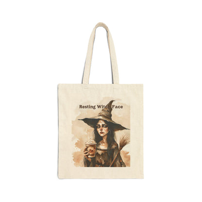 Resting Witch Face Tote Bag: Halloween Cotton Canvas Carryall