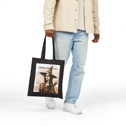 Resting Witch Face Tote Bag: Halloween Cotton Canvas Carryall