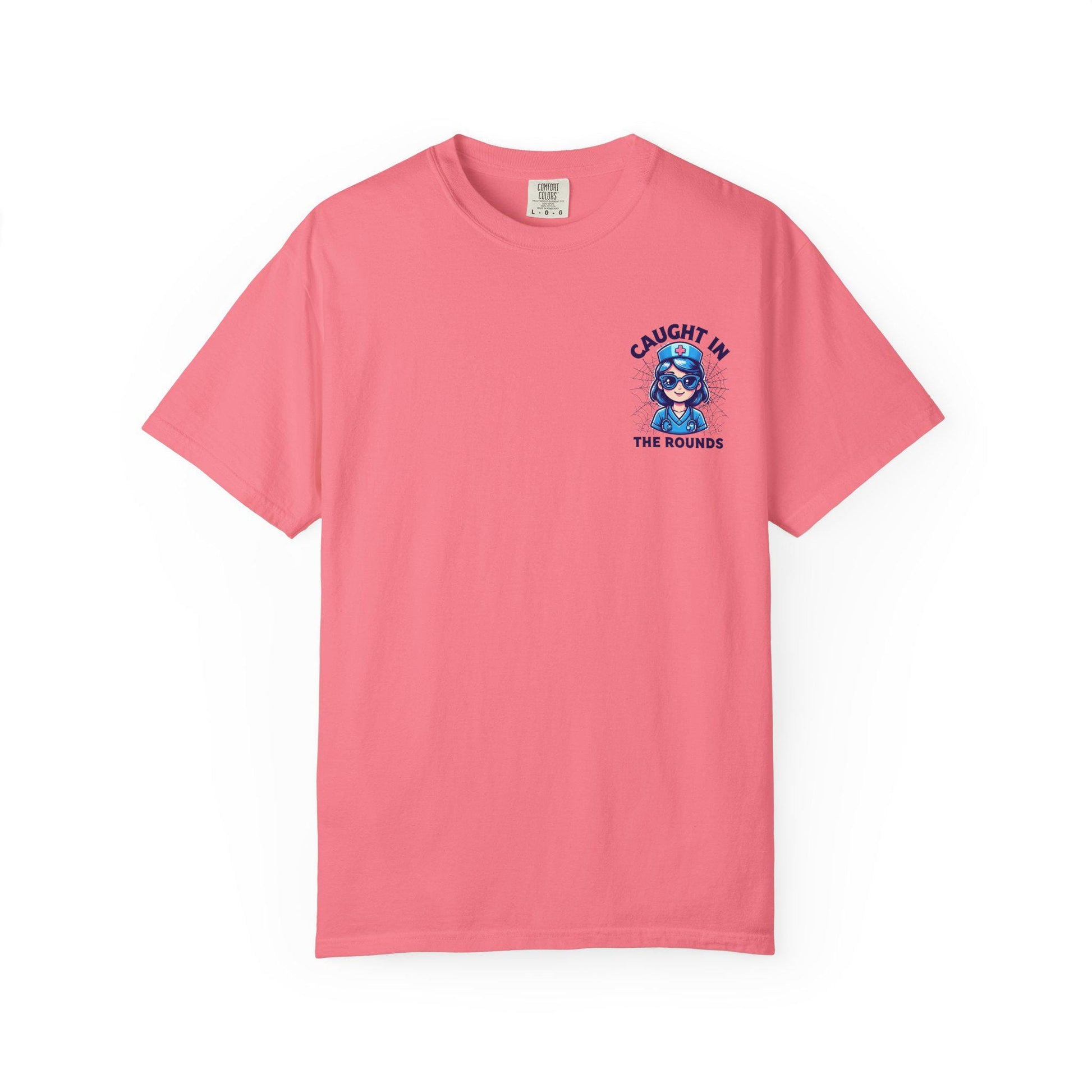Unisex Graphic Tee - 'Caught in the Rounds', Casual Wear, Gift for Friends, Comfortable Everyday Tee, Fun Summer Shirt, Halloween Nurse