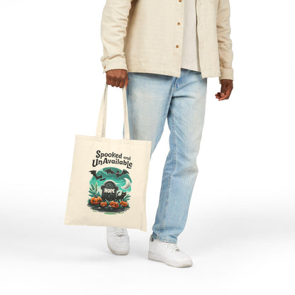 Spooked and Unavailable Halloween Tote Bag: Cotton Canvas Trick or Treat