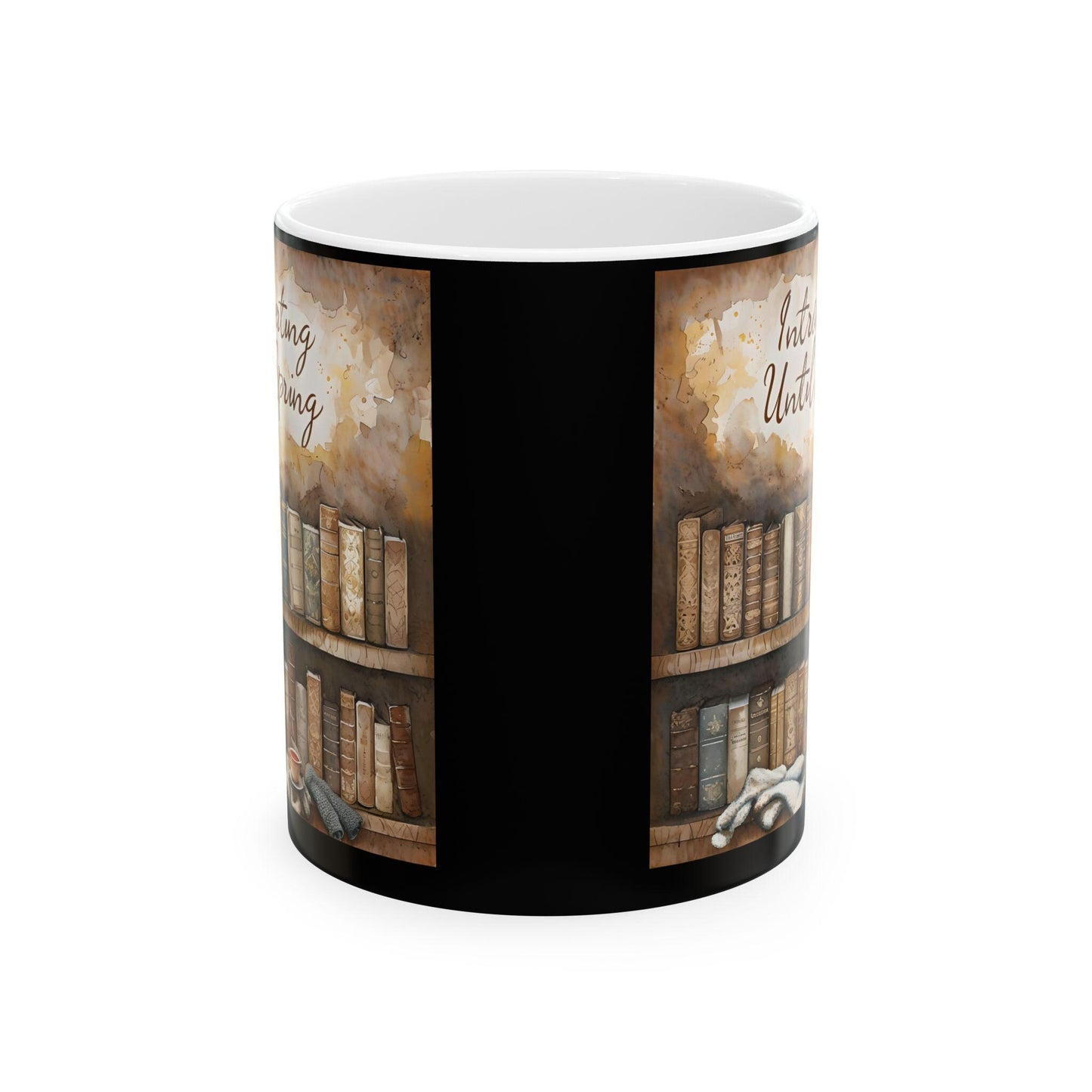 Literary Ceramic Coffee Mug: Bookshelf & Cat Design - Gift for Book Lovers