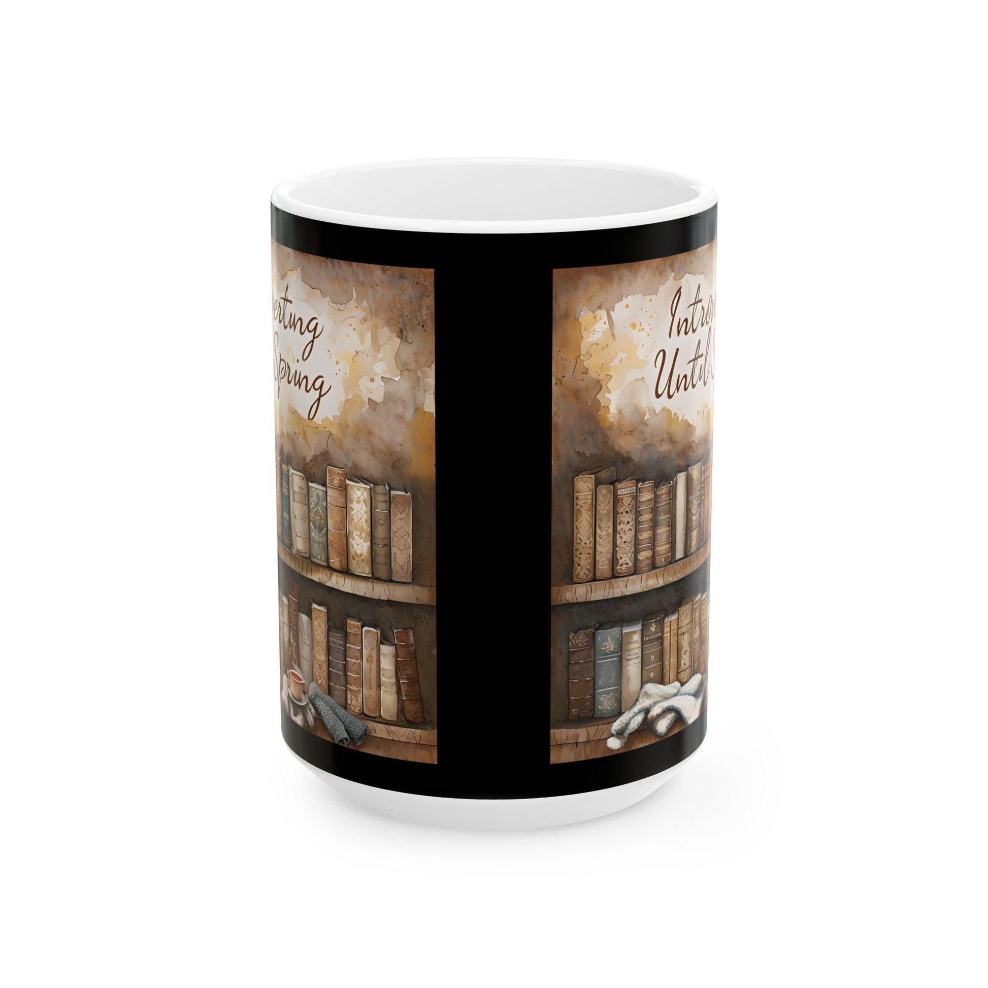 Literary Ceramic Coffee Mug: Bookshelf & Cat Design - Gift for Book Lovers