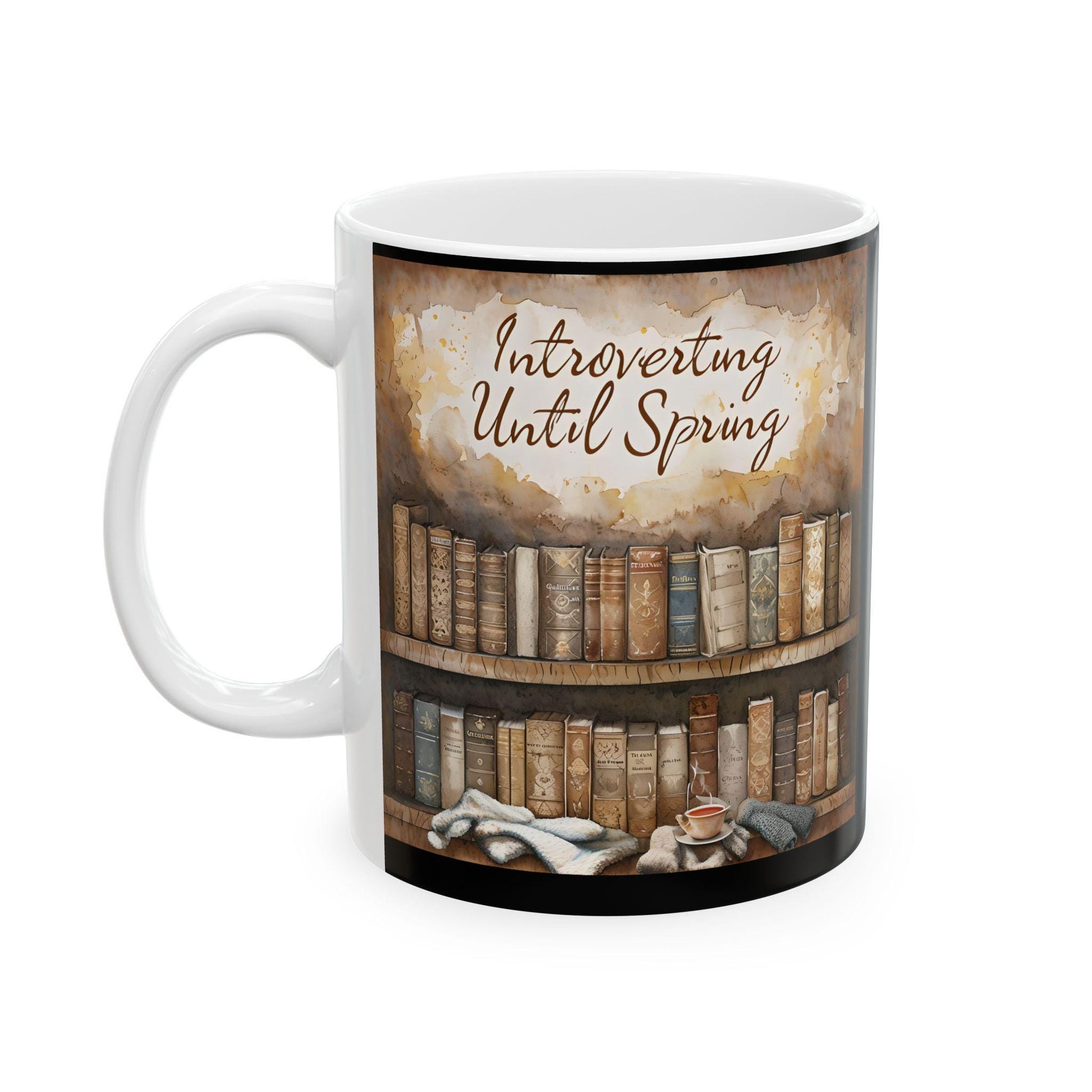 Literary Ceramic Coffee Mug: Bookshelf & Cat Design - Gift for Book Lovers
