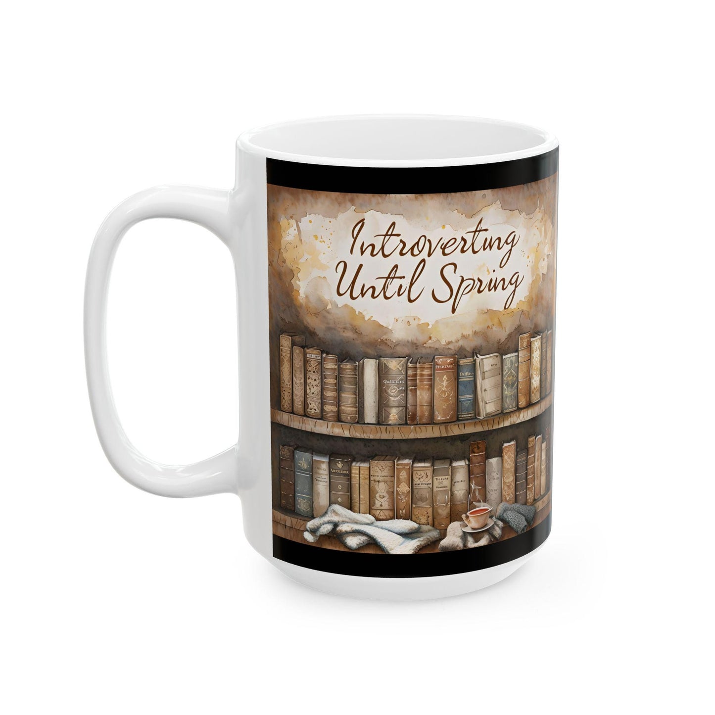 Literary Ceramic Coffee Mug: Bookshelf & Cat Design - Gift for Book Lovers