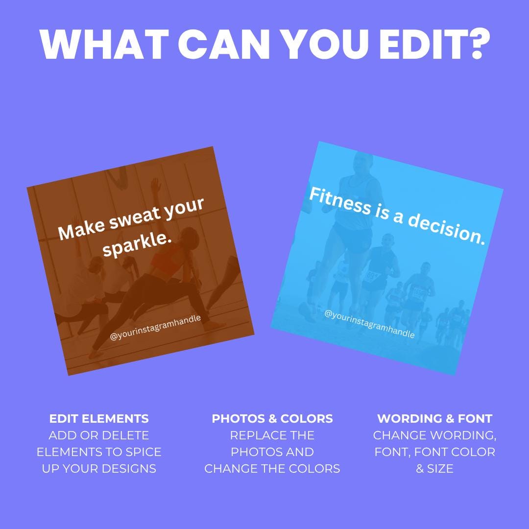 100 Fitness Motivation Quotes Canva Template: Editable Wellness Social Media Graphics (Digital Download)