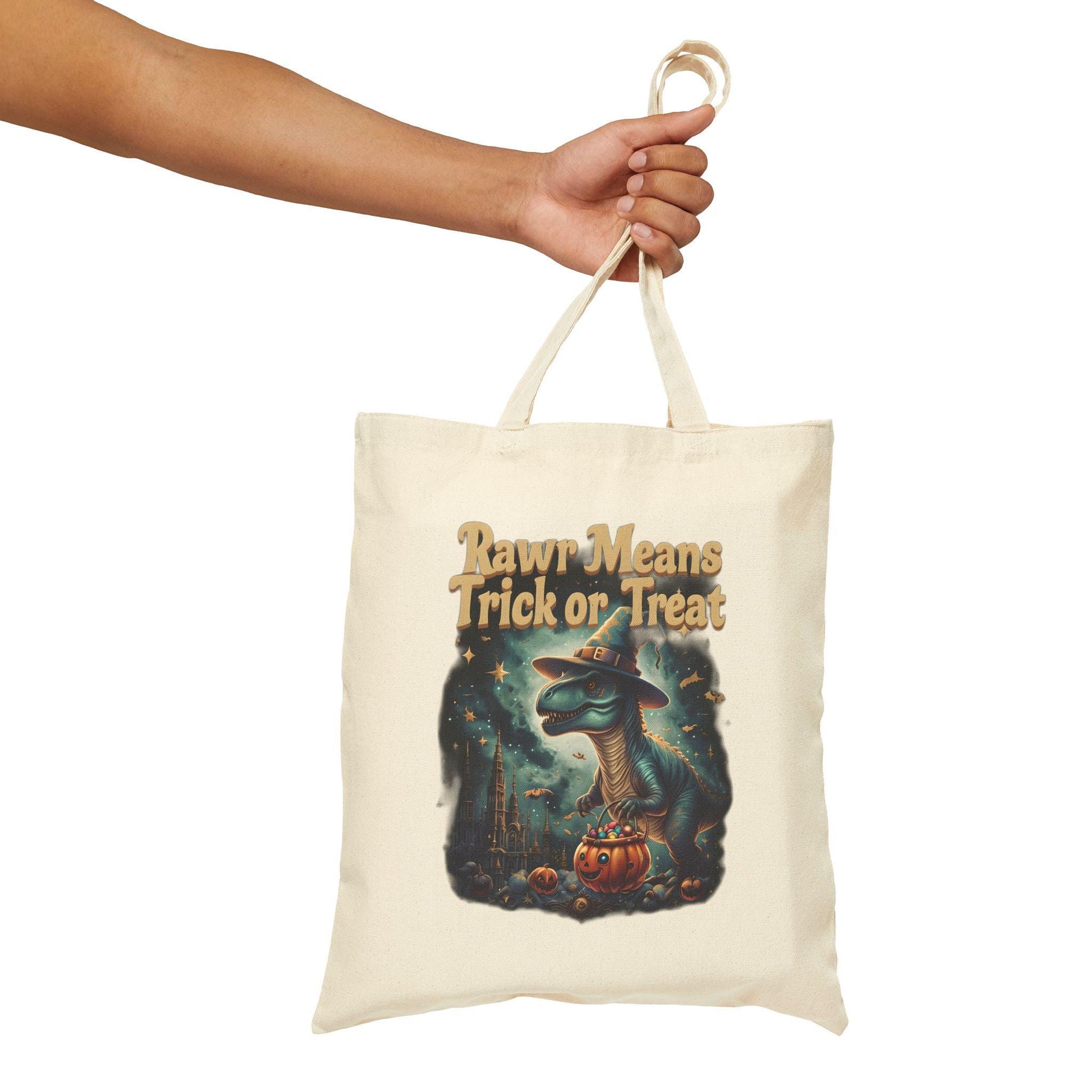 Halloween Dinosaur Cotton Tote Bag: Personalized Trick or Treat Favor