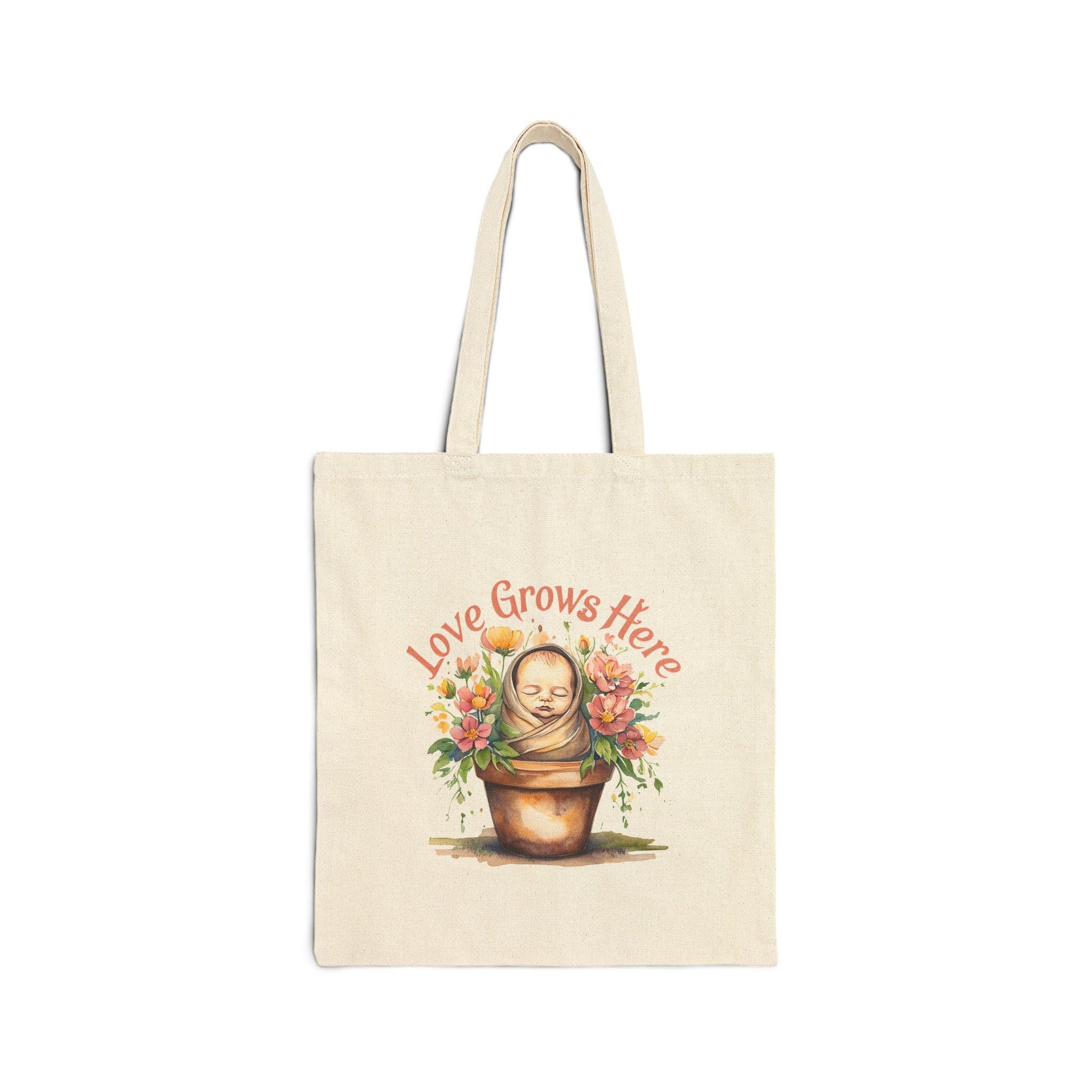 Love Grows Here Cotton Canvas Tote Bag: Floral Eco-Friendly Shopping Bag