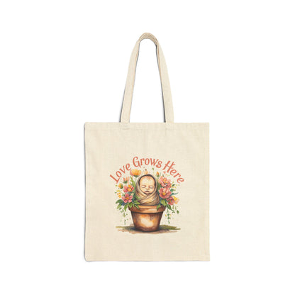 Love Grows Here Cotton Canvas Tote Bag: Floral Eco-Friendly Shopping Bag