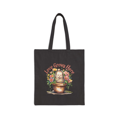 Love Grows Here Cotton Canvas Tote Bag: Floral Eco-Friendly Shopping Bag
