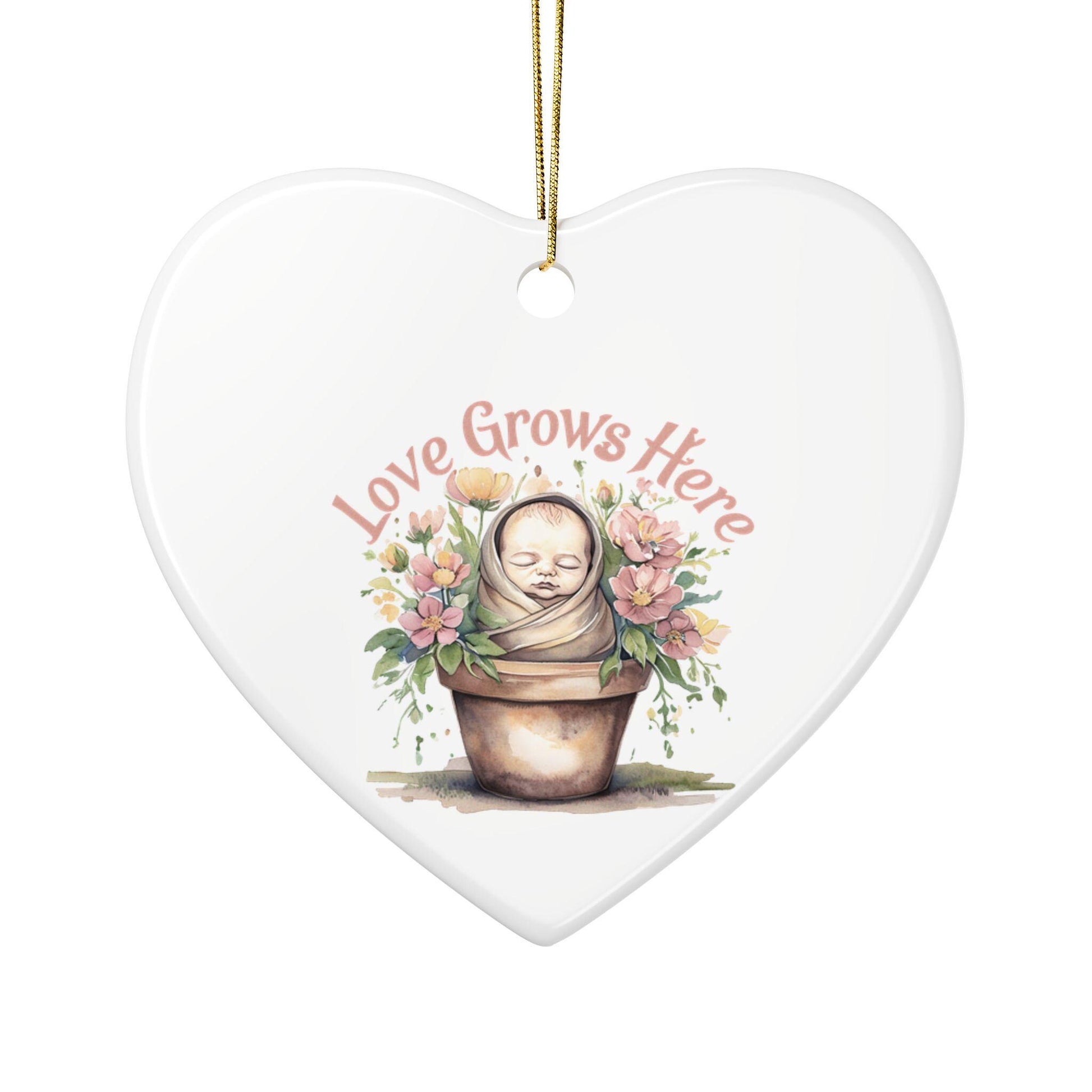 Love Grows Here Ceramic Ornaments, 2-Sided Print, Nursery Decor, Baby Shower Gift, Holiday Ornament, Floral Keepsake