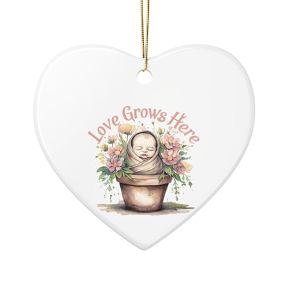 Love Grows Here Ceramic Ornaments, 2-Sided Print, Nursery Decor, Baby Shower Gift, Holiday Ornament, Floral Keepsake