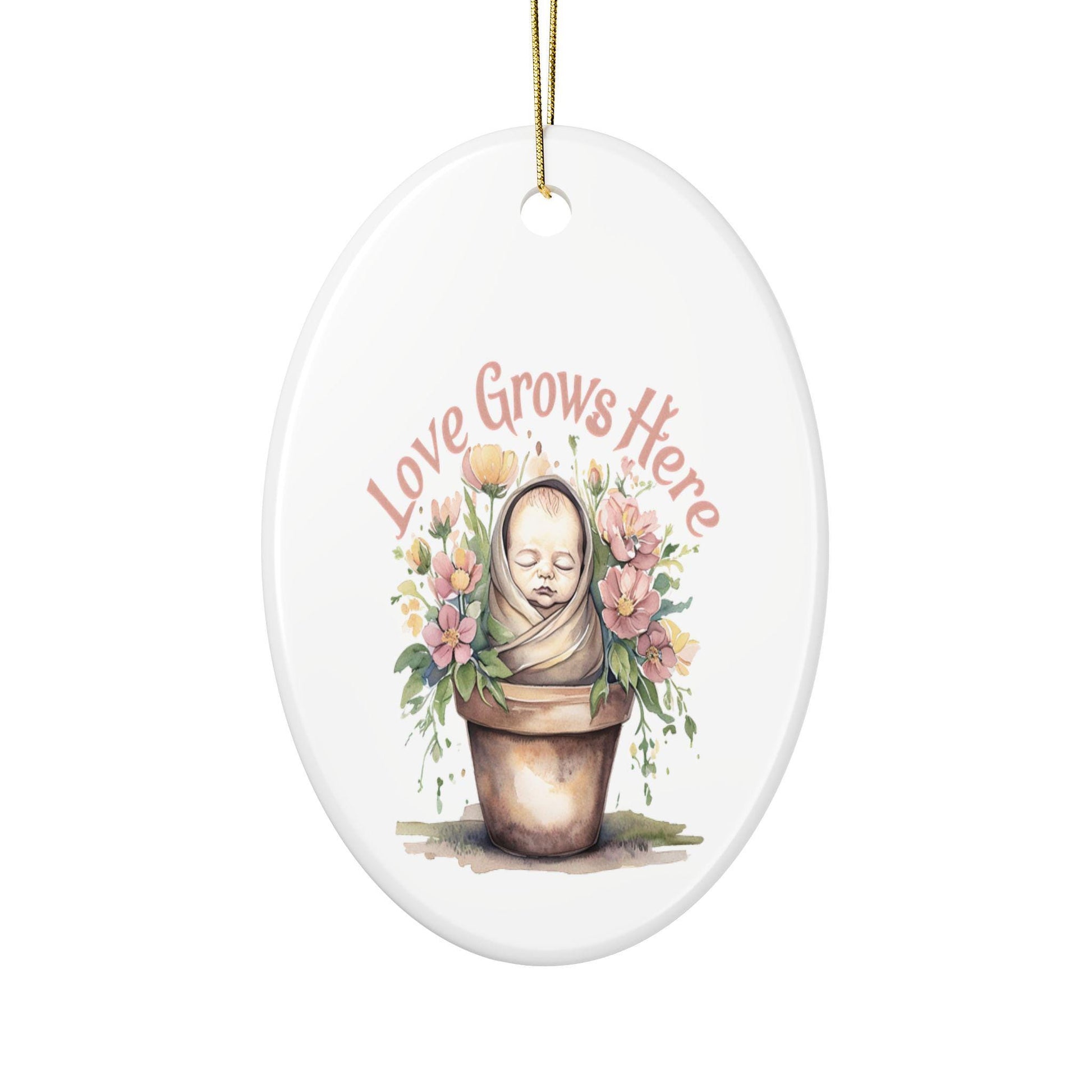 Love Grows Here Ceramic Ornaments, 2-Sided Print, Nursery Decor, Baby Shower Gift, Holiday Ornament, Floral Keepsake