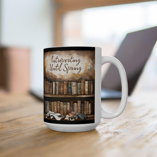 Literary Ceramic Coffee Mug: Bookshelf & Cat Design - Gift for Book Lovers