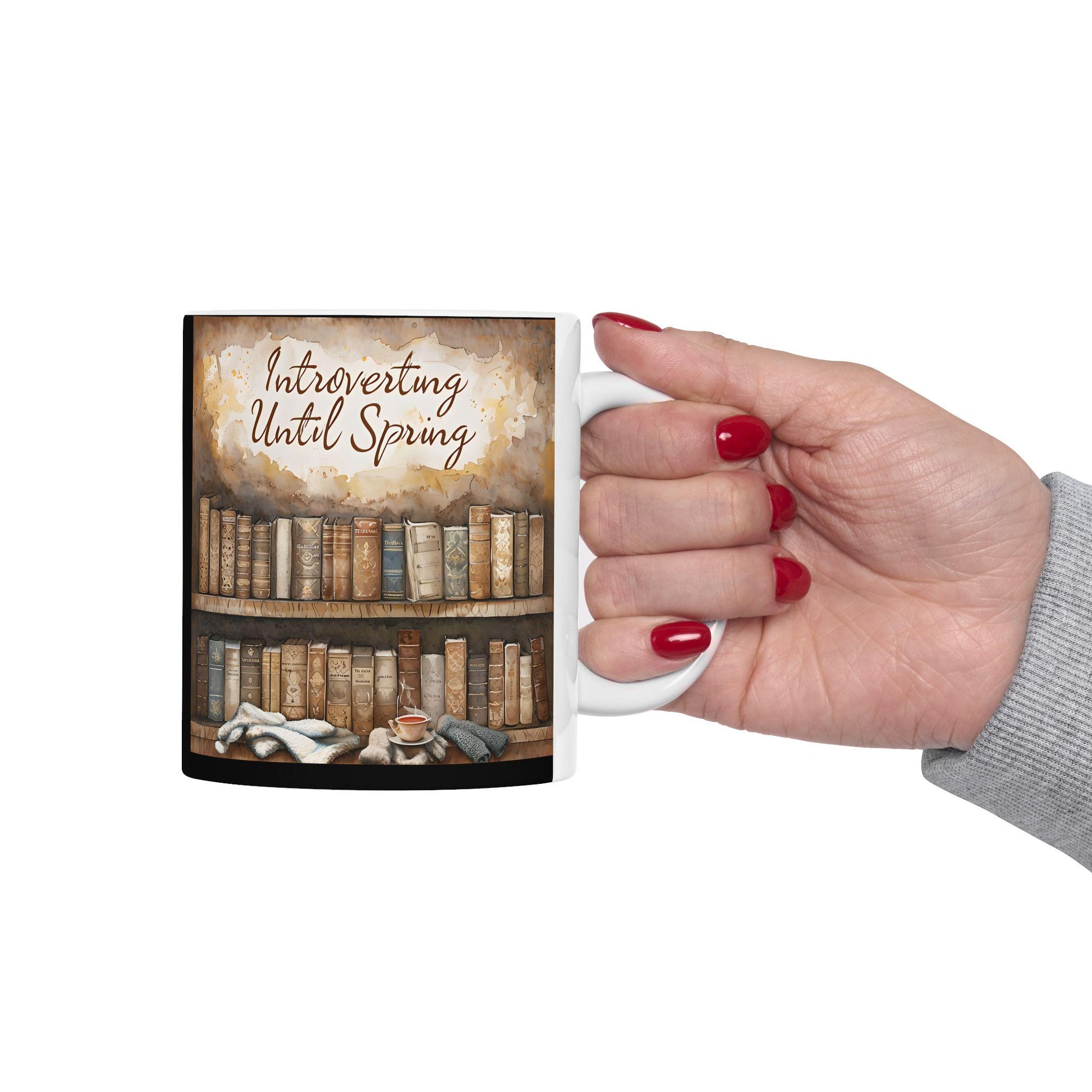Literary Ceramic Coffee Mug: Bookshelf & Cat Design - Gift for Book Lovers