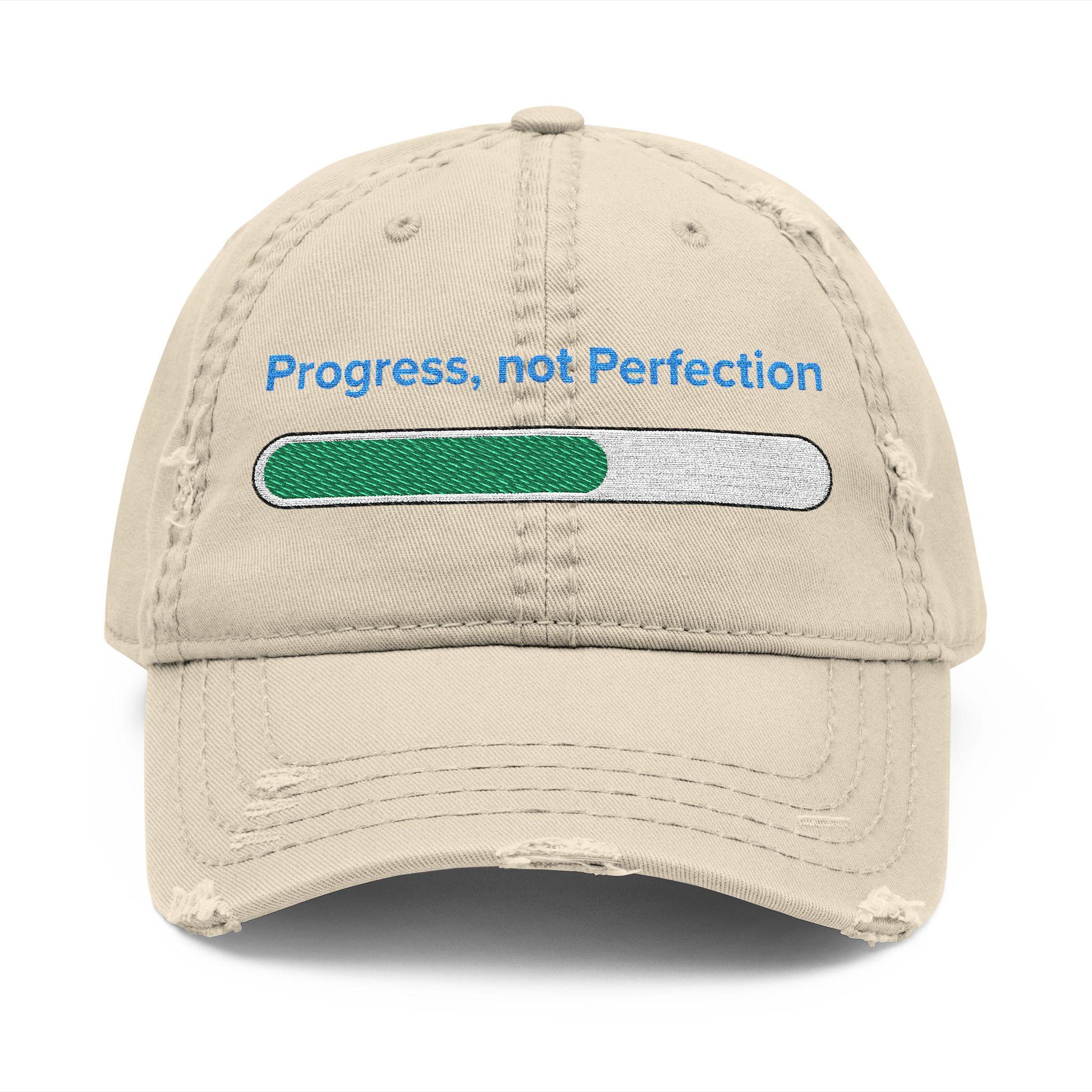 Embroidered "Progress, Not Perfection" Distressed Baseball Cap