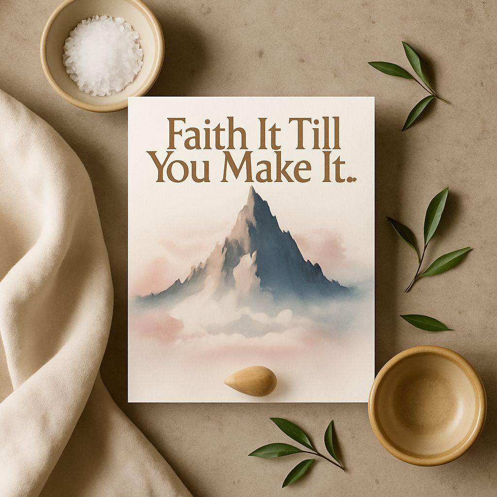Faith It Till You Make It Printable | Christian Wall Art | Mustard Seed Quote | Pastel Mountain Scripture | Bible Verse Decor