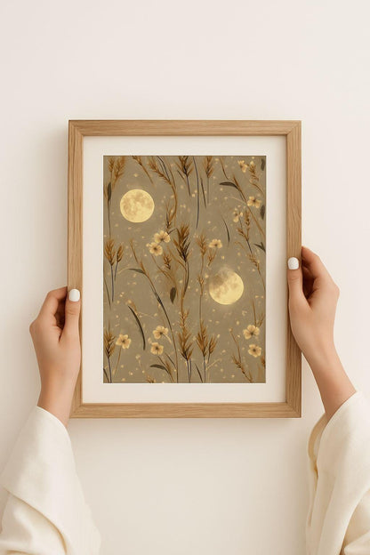 Harvest Moon Floral Print: Boho Celestial Seamless Pattern (Digital Download)