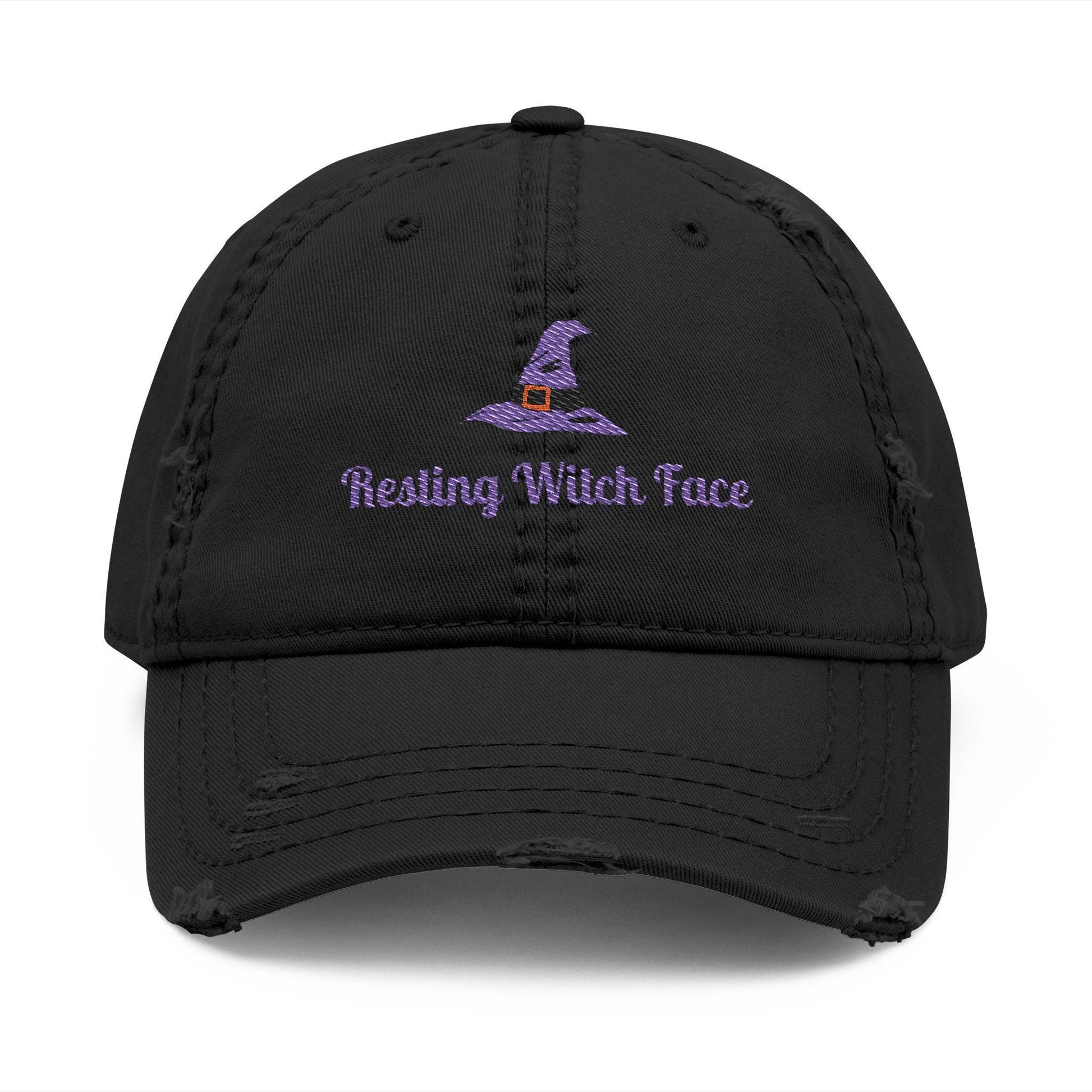 Resting Witch Face Embroidered Distressed Dad Hat - Halloween Costume