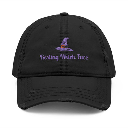 Resting Witch Face Embroidered Distressed Dad Hat - Halloween Costume